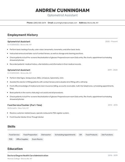 Optometrist Assistant Resume