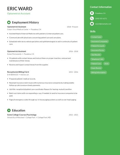 Optometrist Assistant Resume