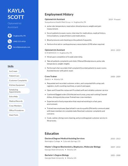 Optometrist Assistant Resume