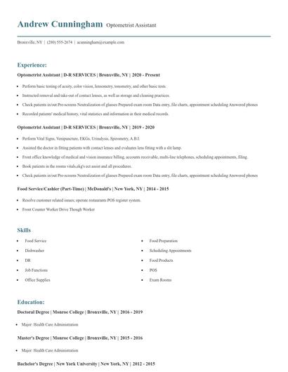 Optometrist Assistant Resume