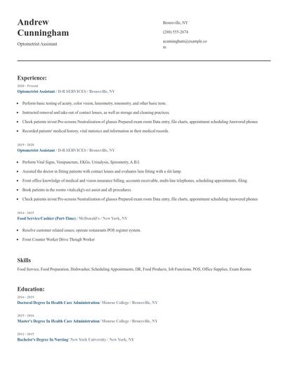 Optometrist Assistant Resume