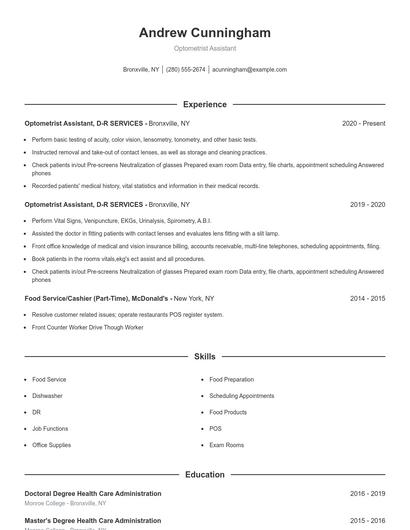Optometrist Assistant Resume