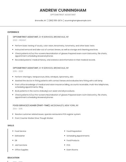 Optometrist Assistant Resume