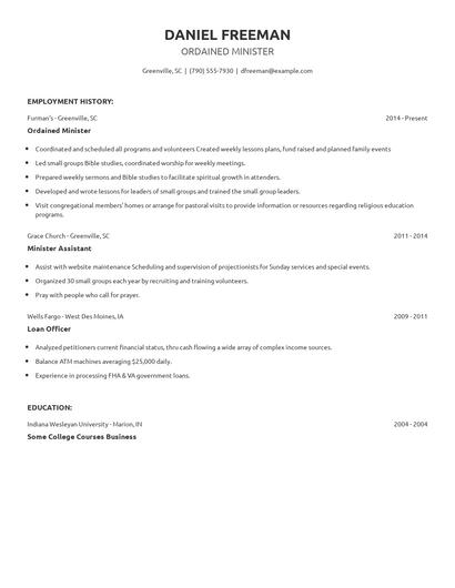 Ordained Minister Resume