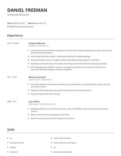 Ordained Minister Resume