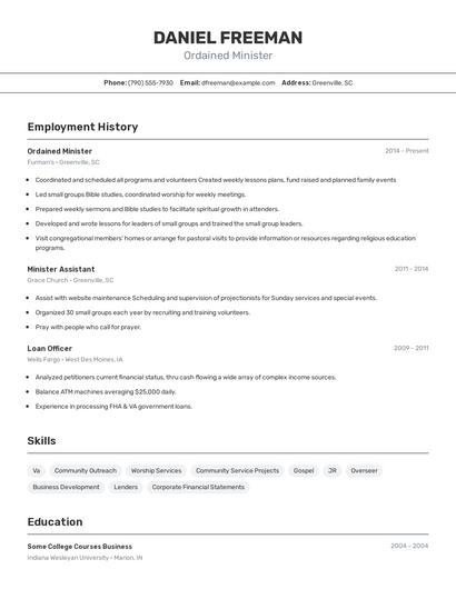 Ordained Minister Resume