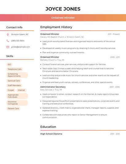 Ordained Minister Resume