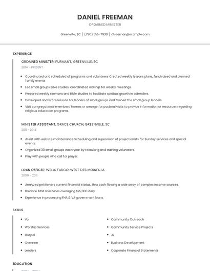 Ordained Minister Resume