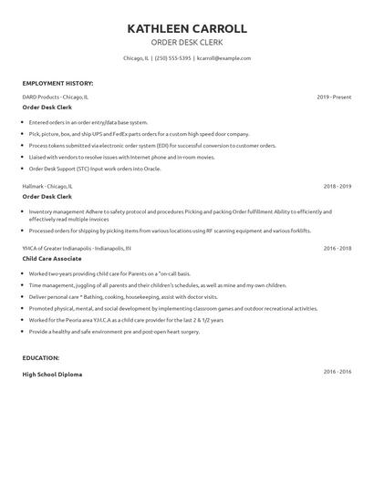 Order Desk Clerk Resume