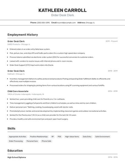 Order Desk Clerk Resume