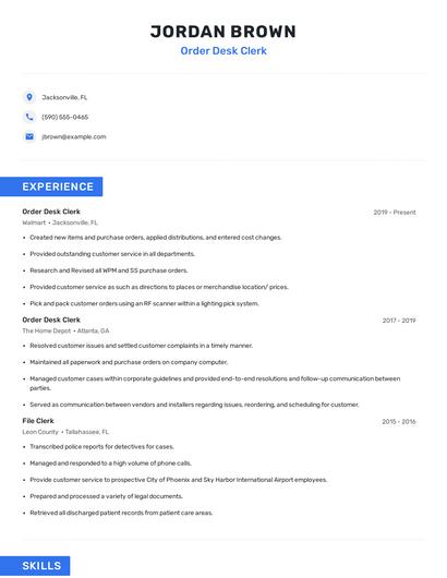Order Desk Clerk Resume
