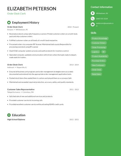 Order Desk Clerk Resume