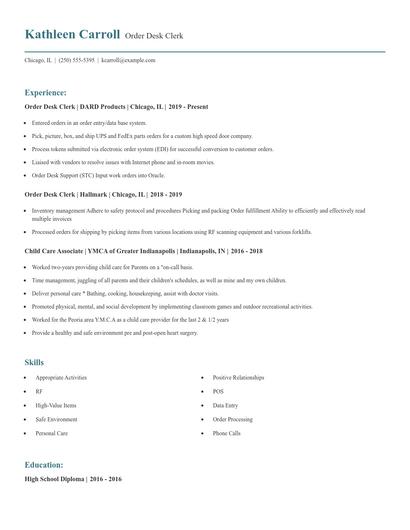 Order Desk Clerk Resume