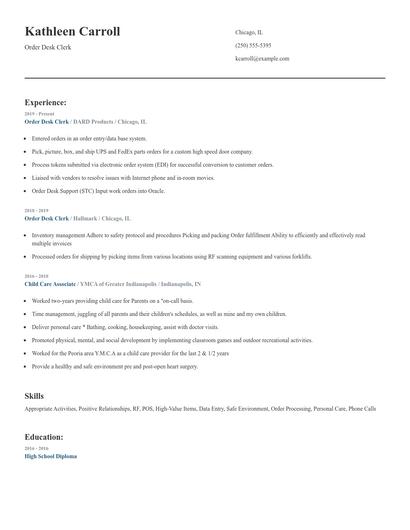 Order Desk Clerk Resume