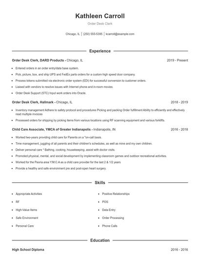 Order Desk Clerk Resume
