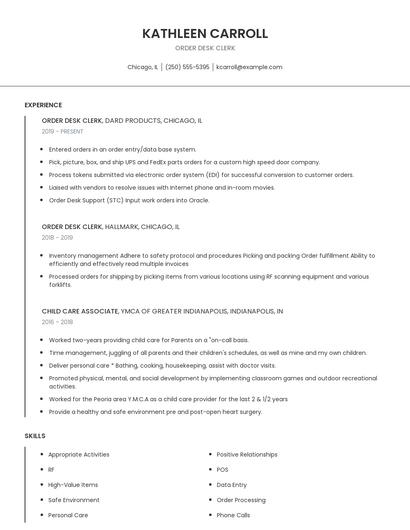Order Desk Clerk Resume