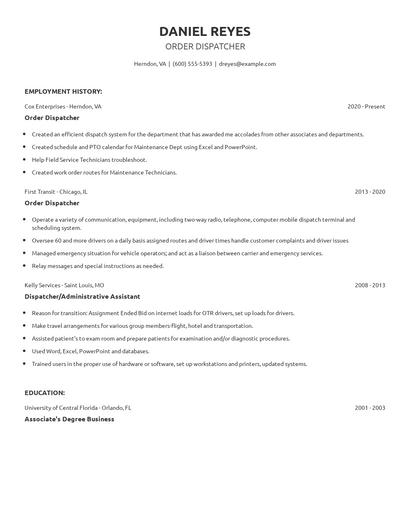 Order Dispatcher Resume