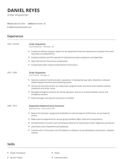 Order Dispatcher Resume