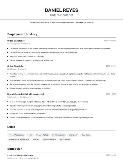 Order Dispatcher Resume