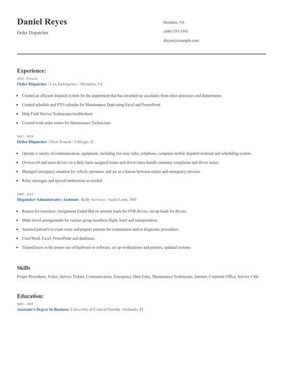 Order Dispatcher Resume