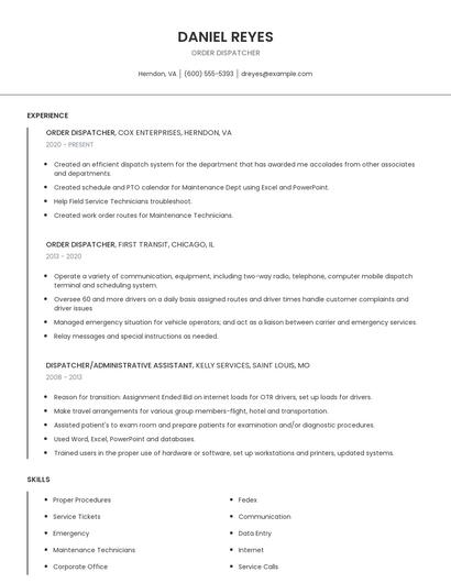 Order Dispatcher Resume
