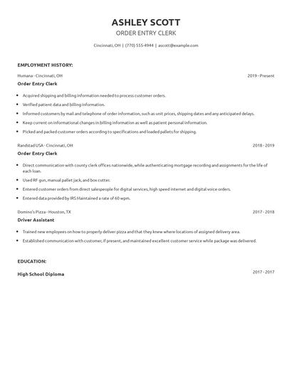 Order Entry Clerk Resume