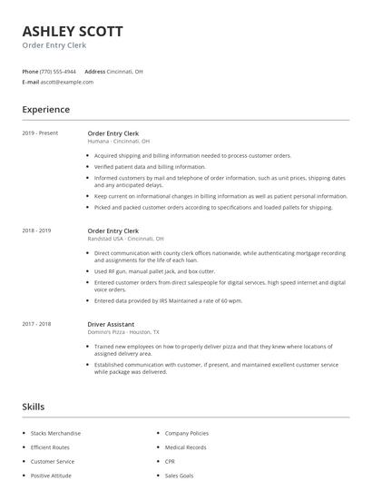 Order Entry Clerk Resume