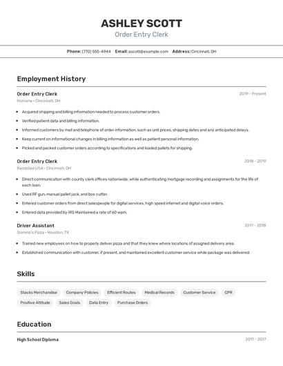 Order Entry Clerk Resume