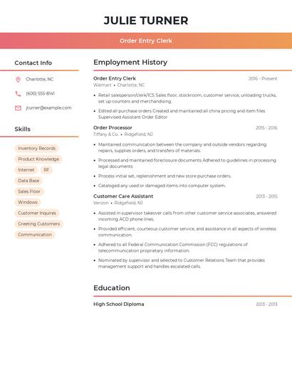 Order Entry Clerk Resume