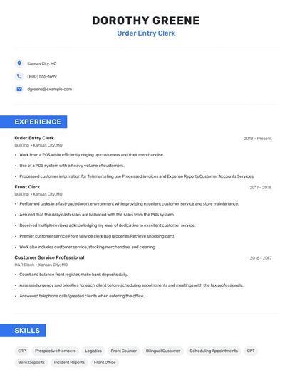 Order Entry Clerk Resume