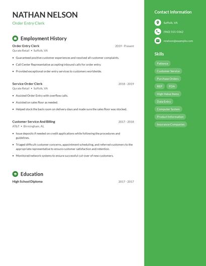 Order Entry Clerk Resume