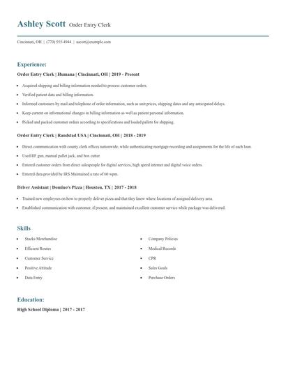 Order Entry Clerk Resume