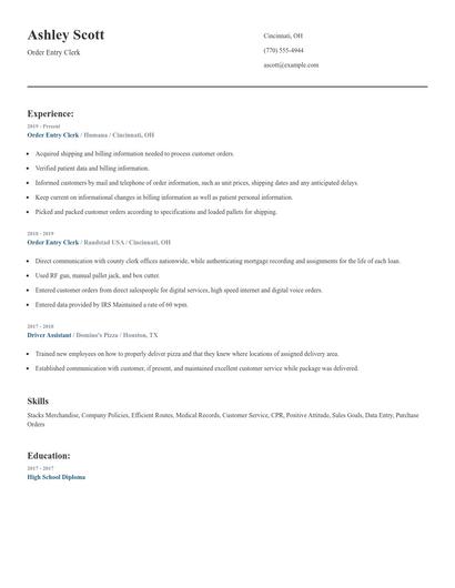 Order Entry Clerk Resume