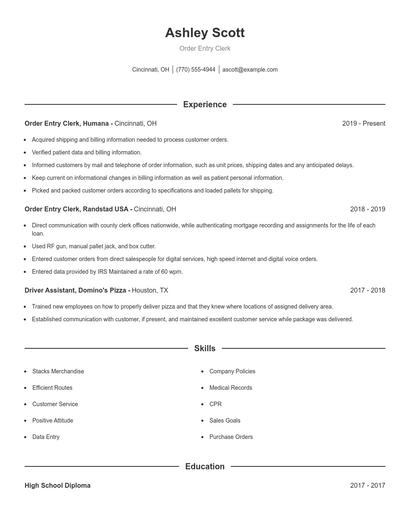 Order Entry Clerk Resume