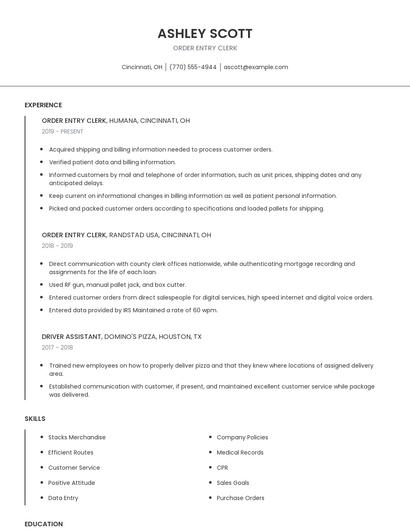 Order Entry Clerk Resume