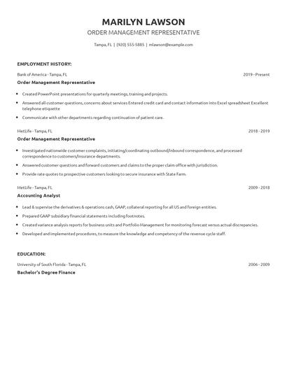 Order Management Representative Resume