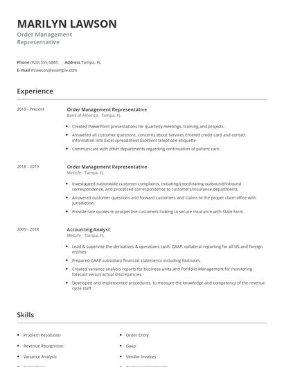 Order Management Representative Resume