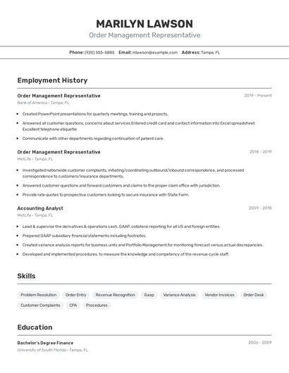 Order Management Representative Resume