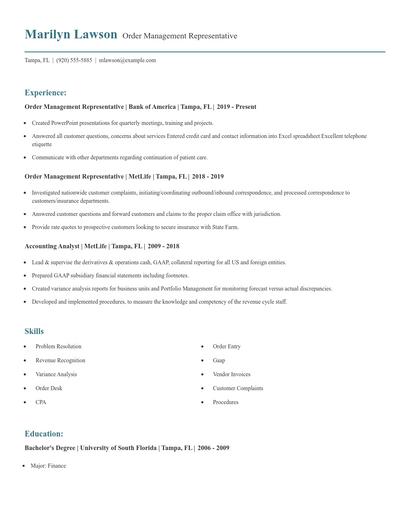 Order Management Representative Resume