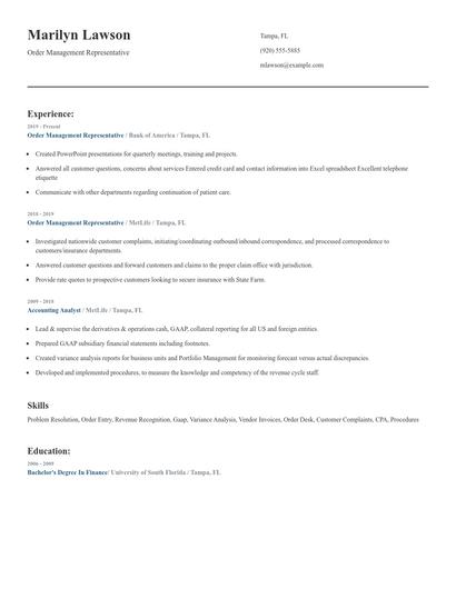 Order Management Representative Resume