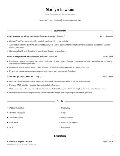 Order Management Representative Resume