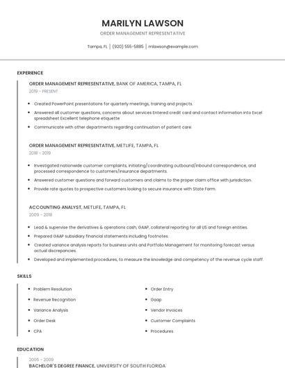 Order Management Representative Resume
