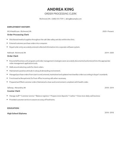 Order Processing Clerk Resume