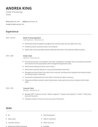 Order Processing Clerk Resume