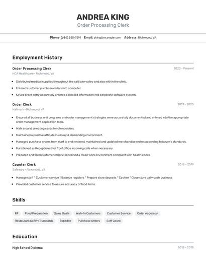Order Processing Clerk Resume