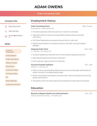 Order Processing Clerk Resume
