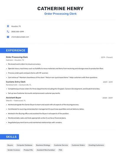 Order Processing Clerk Resume