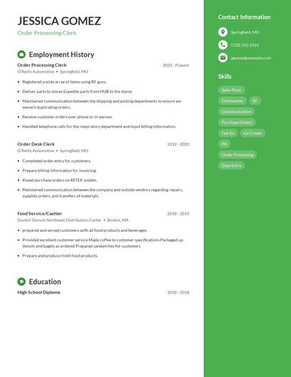 Order Processing Clerk Resume