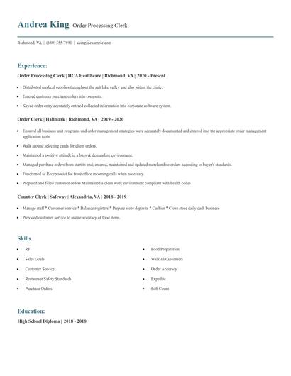 Order Processing Clerk Resume