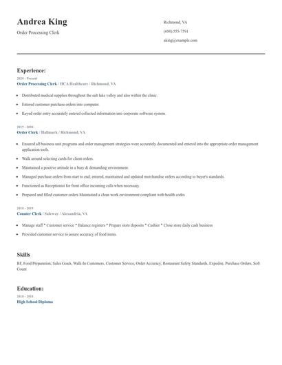 Order Processing Clerk Resume